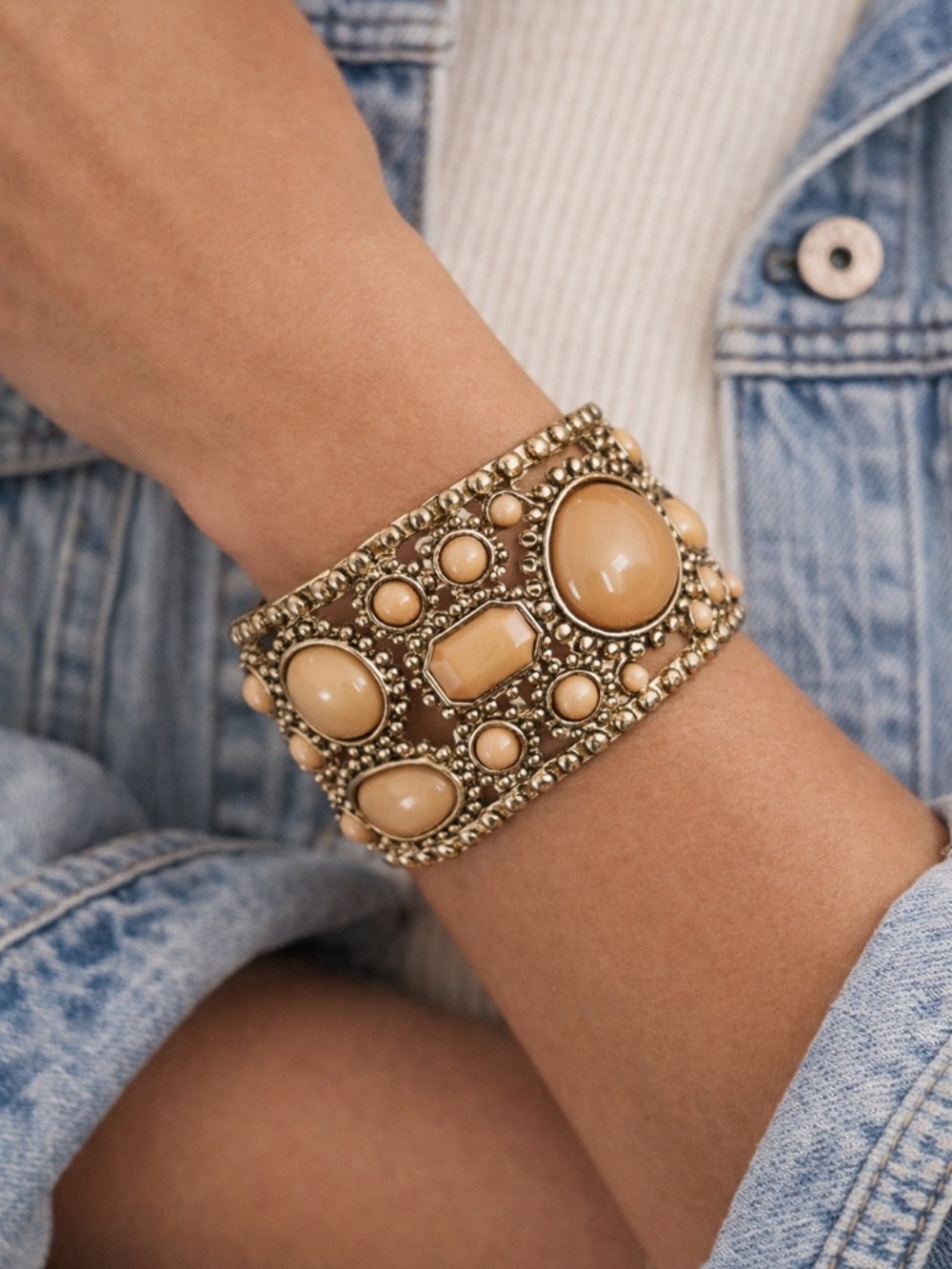 Boho Gold Tone Statement Cuff Bracelet | Caramel Stone Stretch Wide Band